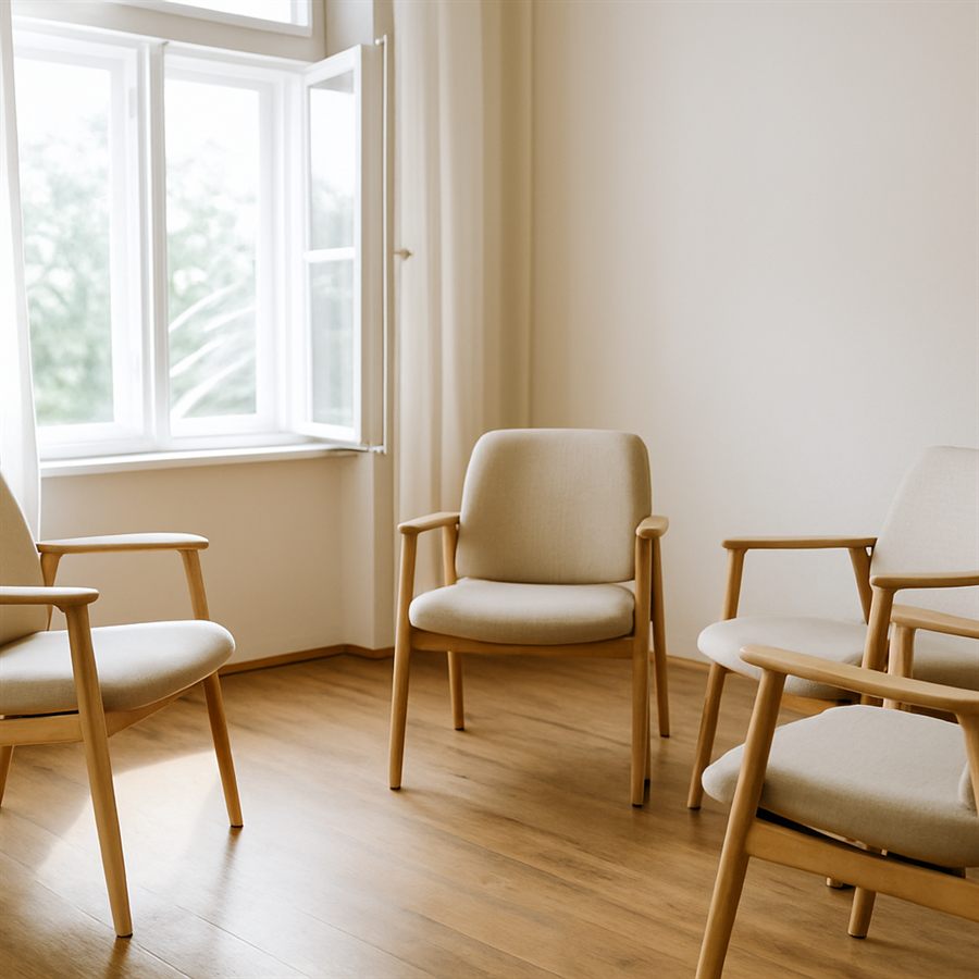 A quiet circle of chairs in a supportive room.