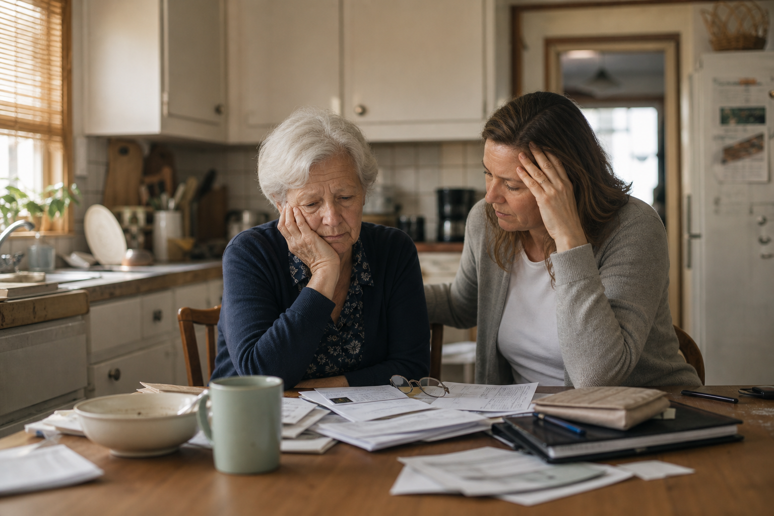 A supporter and an older loved one sit together at a kitchen table in a moderately disorganized home, both looking overwhelmed but connected.